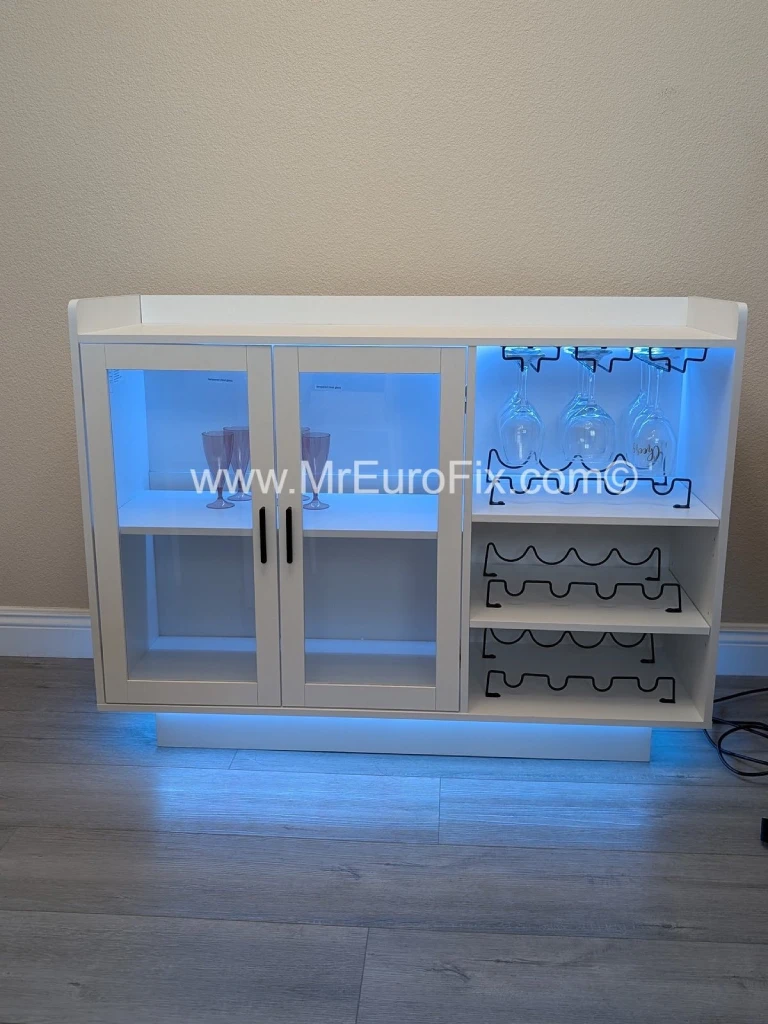 Assembling a bar cabinet with built-in lighting.